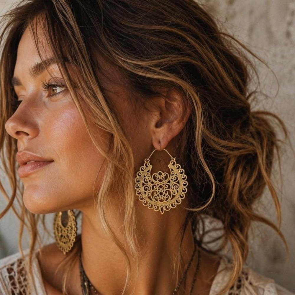 Brass Filigree Hoop Earrings Boho Mandala Cutout Statement Jewelry Vintage Style